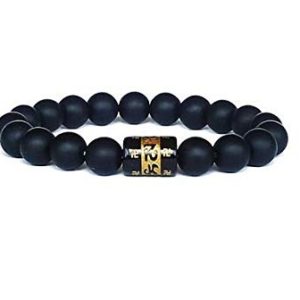 Tibten Buddhist auspiciois Lucky Charm om mani Padme hum Engraved & Black Onyx Matte Finish 8 mm Stretch Bracelet