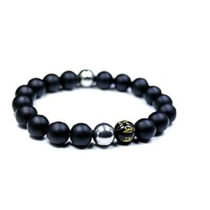 Tibetan Lucky Charm Black Onyx Hematite om mani Padme hum Engraved 8 mm Stretch Bracelet