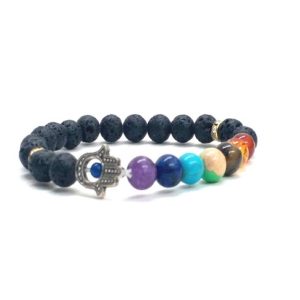  Lava Rock Volcanic Beads Chakra Hamsa Hand 8 mm Stretch Bracelet