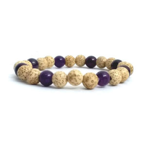 Tibetan Auspecious Lotus Seed & Amethyst Crystal Power 8 mm Stretch Bracelet