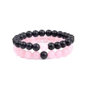  Pair of Rose Quartz & Black Onyx Matte Finish Stone 8 mm Stretch Bracelets