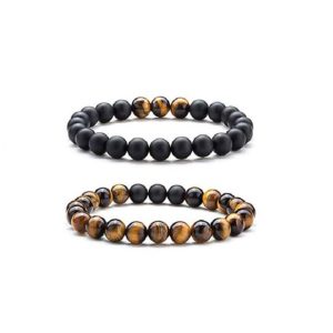  Pair of Tiger Eye & Matte Finish Black Onyx 8 mm Bracelet 