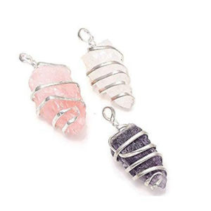 Clear Quartz Rose Amethyst White Rough Spiral Cage Pendant Set - 3 Pcs