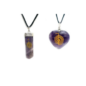 Set Of 2 Natural Amethyst Cho Ku Rei Reiki Symbol Engraved pendants For men And Women