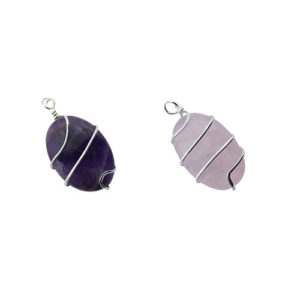 Natural Amethyst Rose Quartz Crystals Wire Wrapped Pendant Set For Men And Women