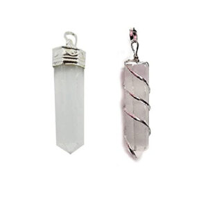 Set Of Two Natural White Selenite Crystal Pencil And Wire Wrapped Pendants For Men And Women