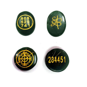 Set Of 2 Zibu Prosperity Angel Symbol Engraved Natural Green Jade Crystal Polished Oval Cabochon For Reiki Healing