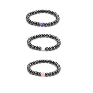 Set Of 3 Natural Hematite Crystals With Amethyst Rose Quartz Clear Quartz Beads Bracelet For Men And Women