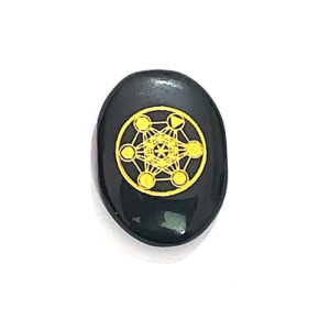 Natural Black Tourmaline Auspicious Metatron’s Cube Merkaba Sacred Geometry Engraved Crystal Cabochon for Protection and Prosperity