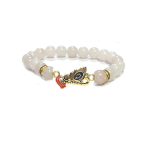 Natural Rose Quartz God Krishna Ji Flute And Peacock Feather Lucky Charm Crystals Bracelet
