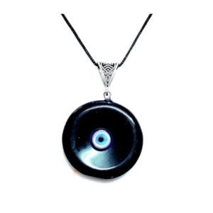 Natural Black Tourmaline Disk Shaped Evil Eye Lucky Charm Pendant