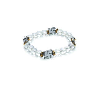 Hematite Crystal Swastik Lucky Charm Crystal Stretch White Bracelet
